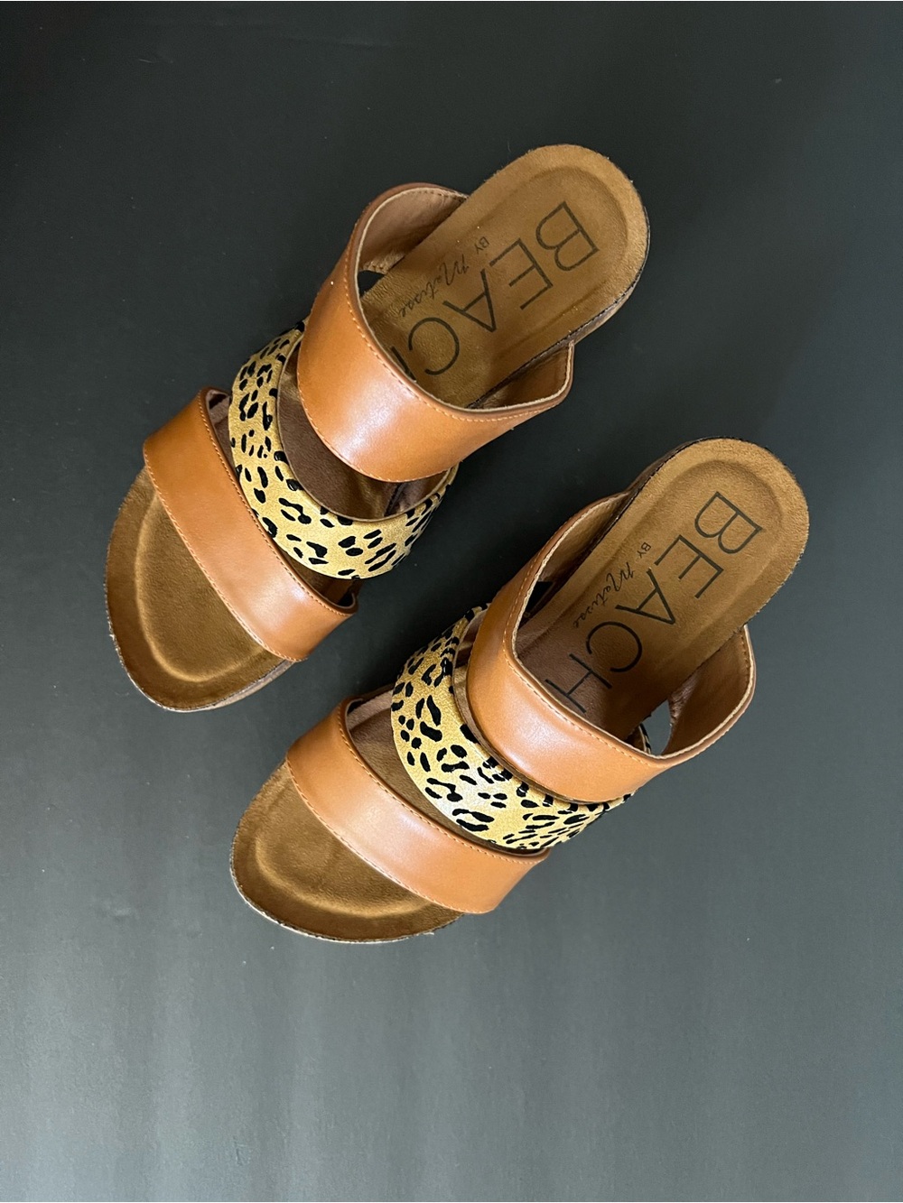 BEACH by Matisse Tan Wedge Slides with Leopard Accent